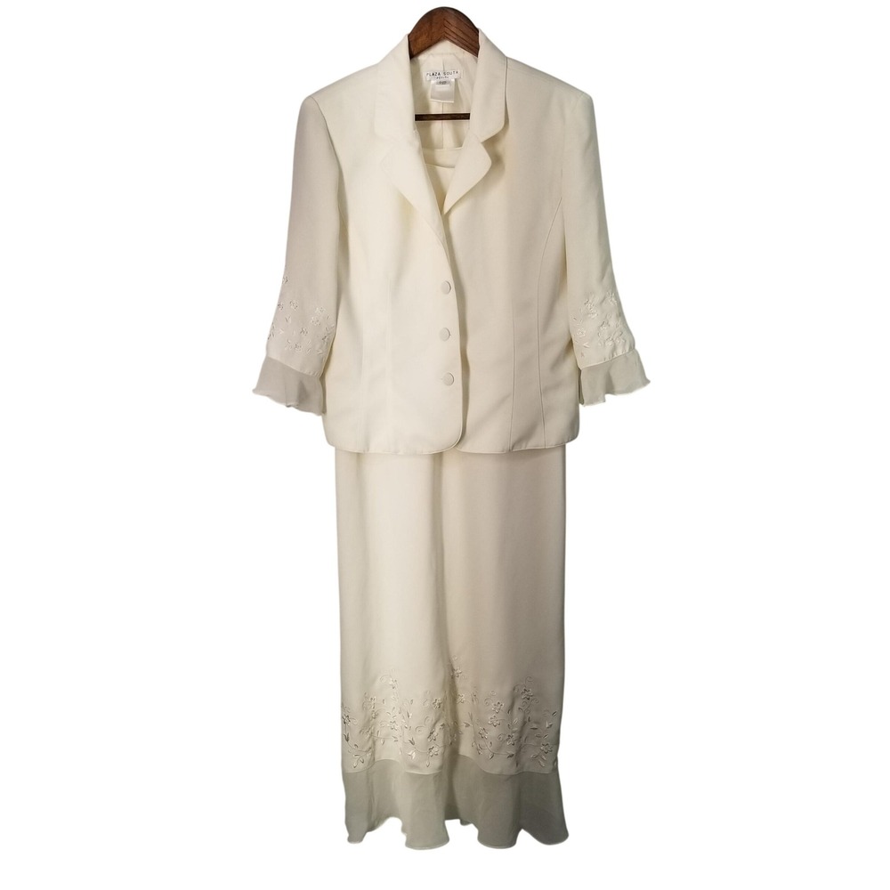 Plaza South Petite Ivory 2 Piece Dress Set Floral Embroidery Wedding Formal *14P
